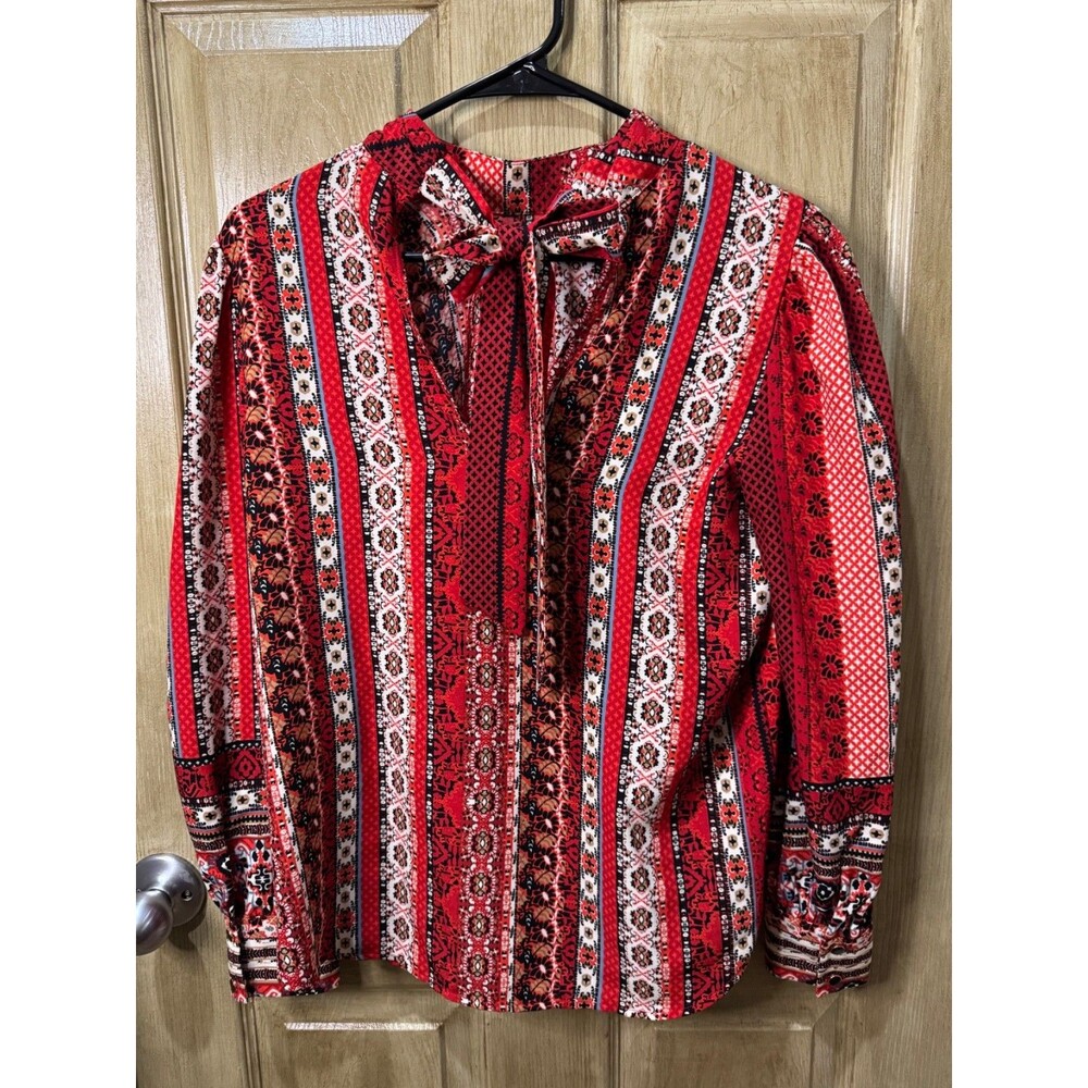 LOFT Women’s Red Boho Mixed Print Stripe Tie Neck Long Sleeve Blouse Top S